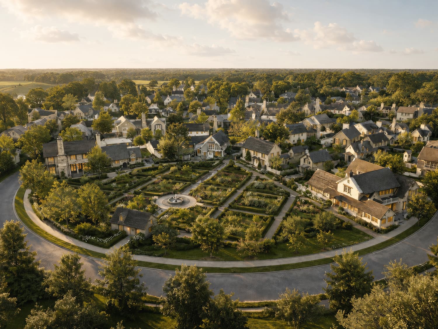Golden-hour aerial rendering of the Madison Fields neighborhood beside The Rose Golf Club