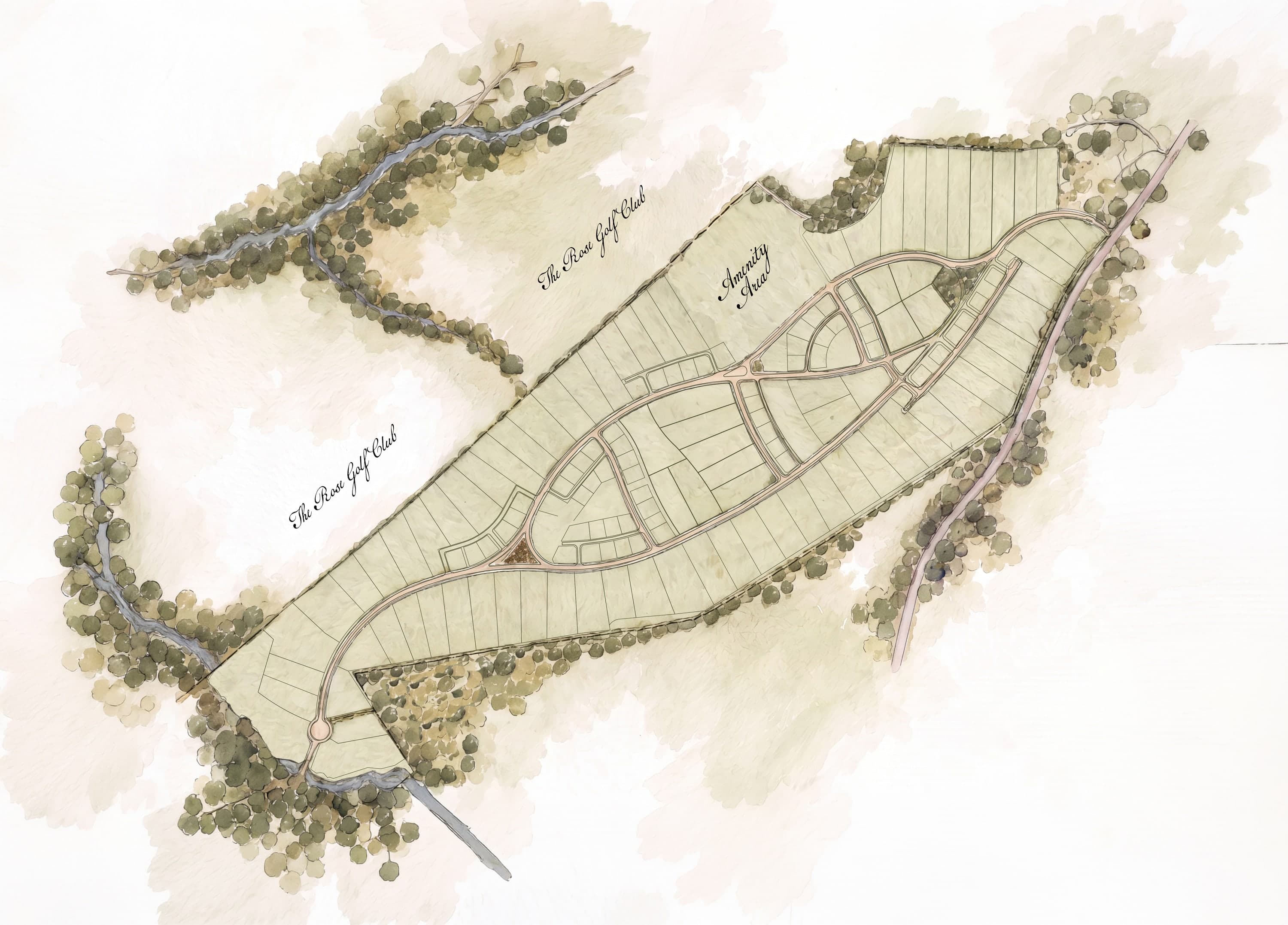 Watercolor plat rendering of the Madison Fields site plan, homesites drawn in